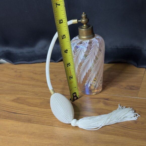 Vintage Pink Iridescent Art Glass Perfume Bottle Atomizer White Swirl 6.25” Tall - Picture 14 of 14